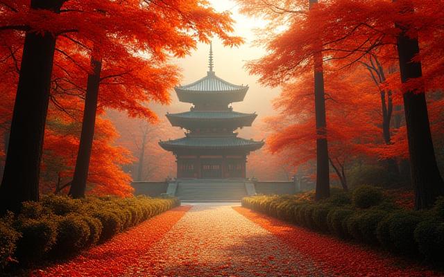 秋の紅葉に囲まれた古寺
